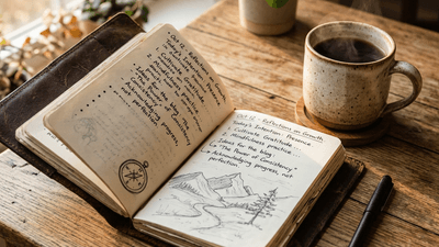 Open journal with handwritten notes next to a cup of morning coffee